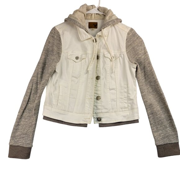 American Eagle Outfitters Womens White Gray Hooded Denim Jacket M (Callout) - Picture 1 of 12